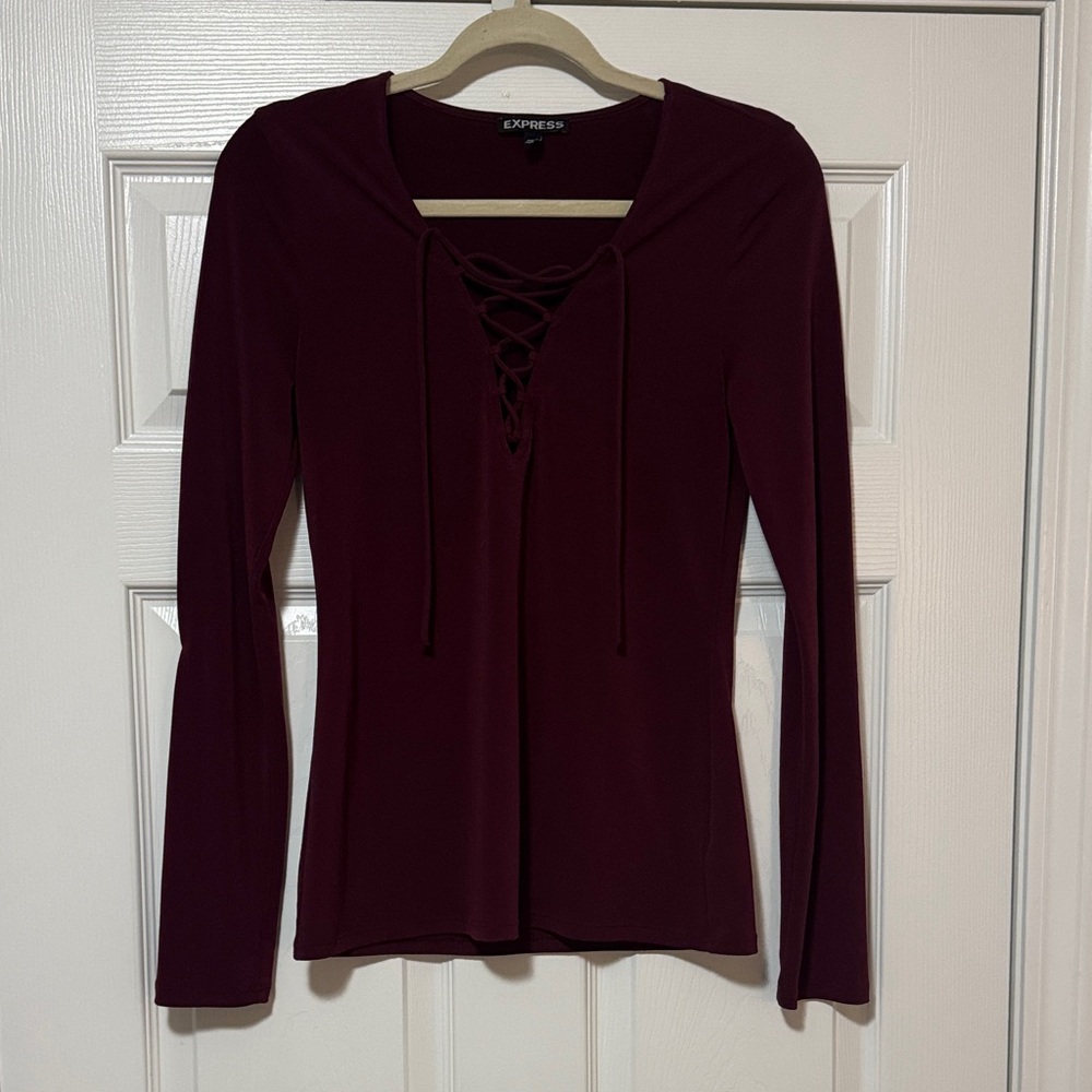 Express Deep Red Lace-Up Long Sleeve Top